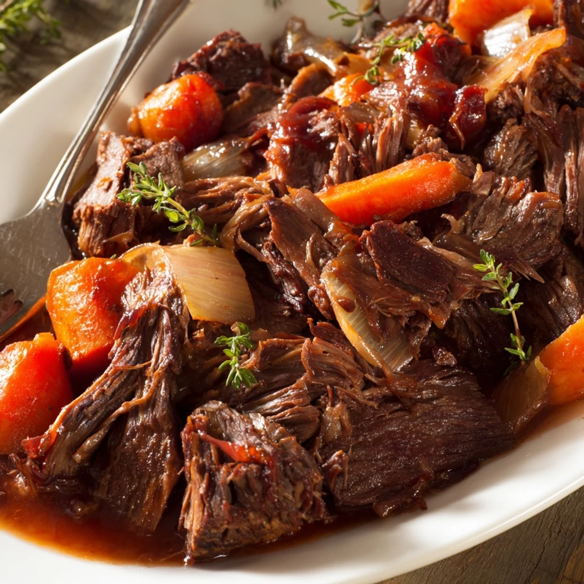 Succulent beef chuck roast slowly braised in red grape juice with fresh herbs