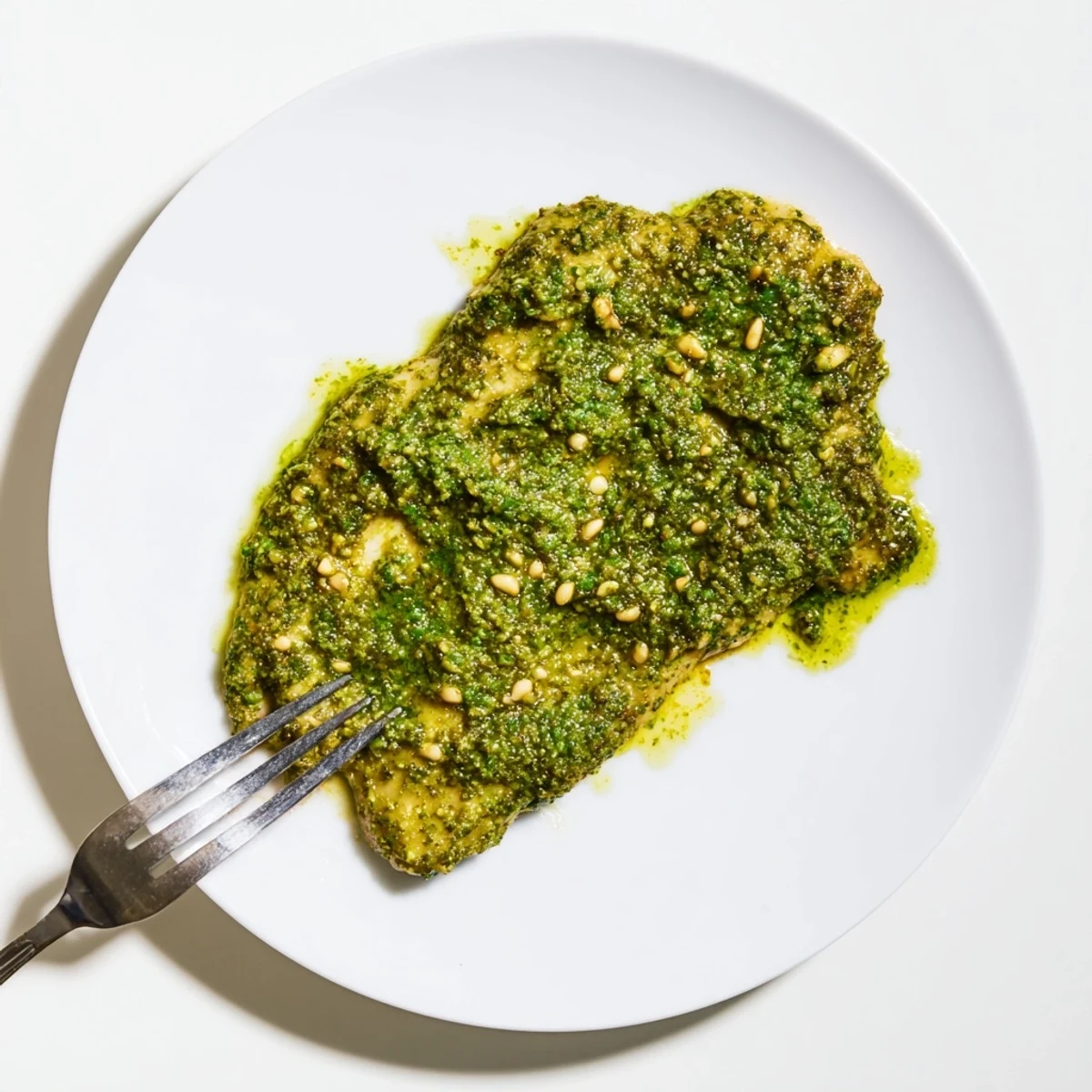 Golden baked lemon basil pesto chicken topped with vibrant green herb sauce and fresh basil garnish