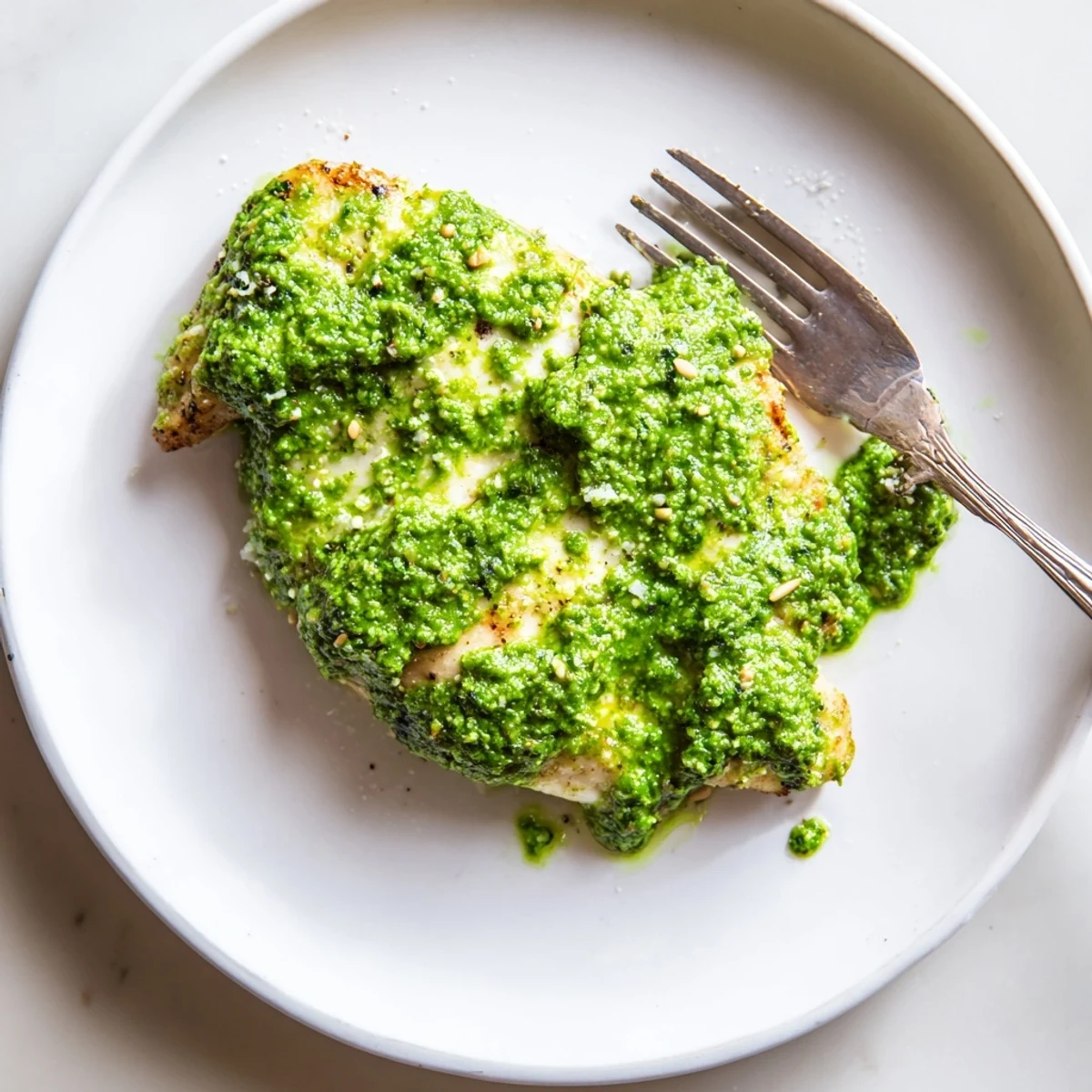 Tender pesto-coated chicken drizzled with fresh lemon basil sauce and sprinkled with grated Parmesan cheese