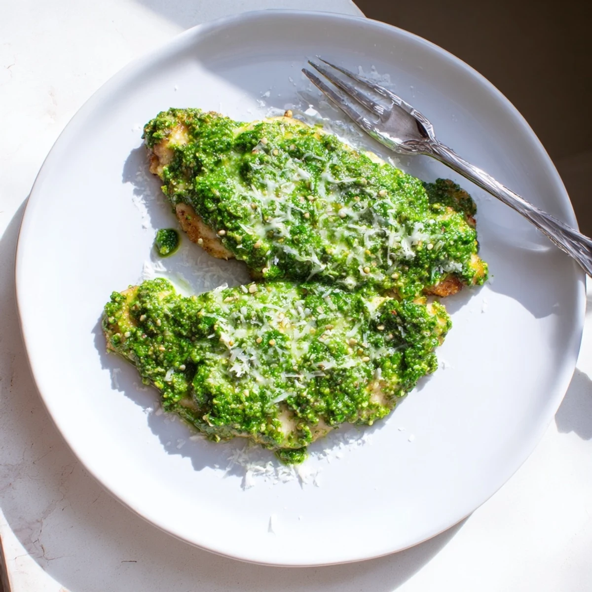Juicy chicken breasts smothered in zesty lemon basil pesto sauce, baked to tender perfection