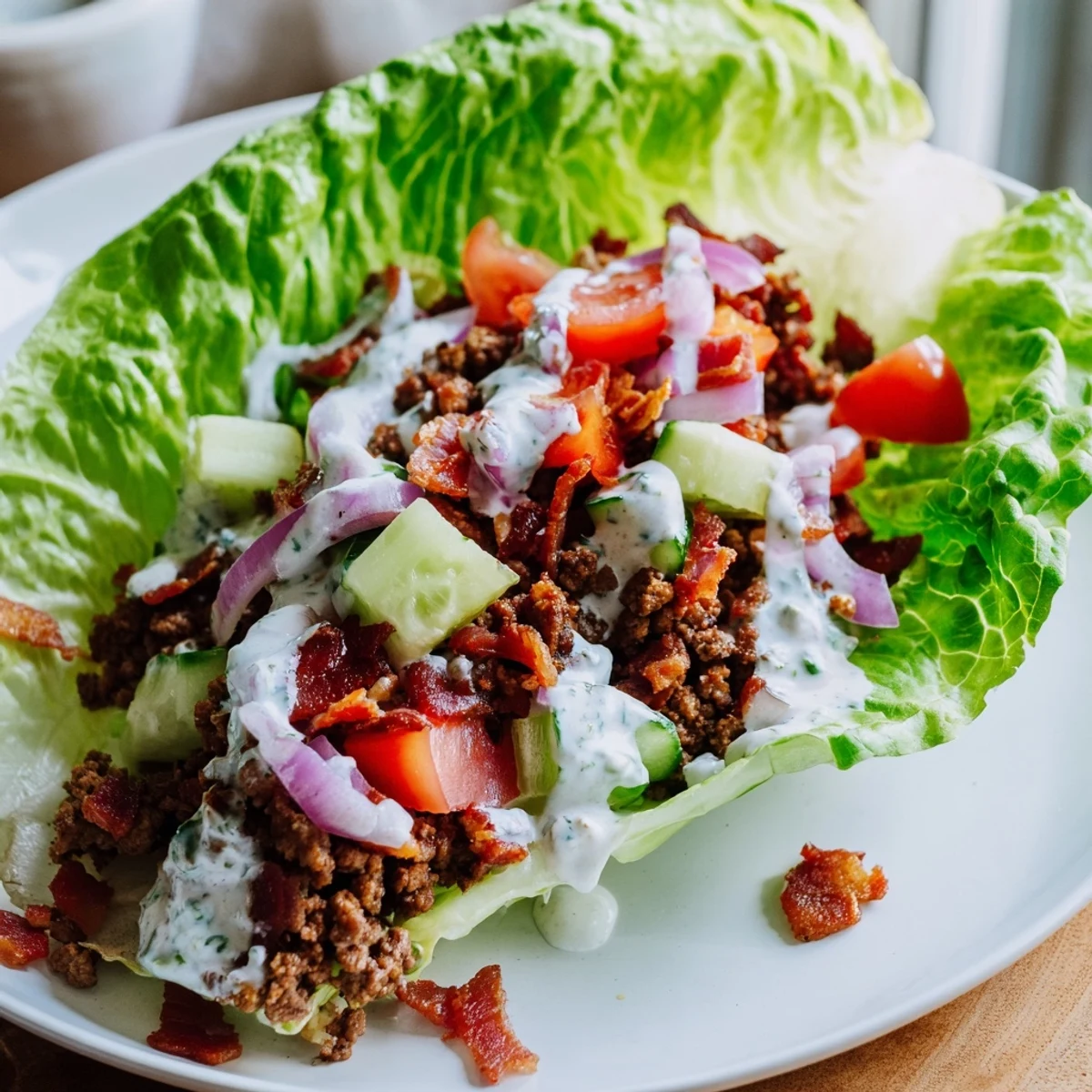 Crispy bacon, juicy chicken and seasoned beef tucked into fresh butter lettuce leaves with ranch