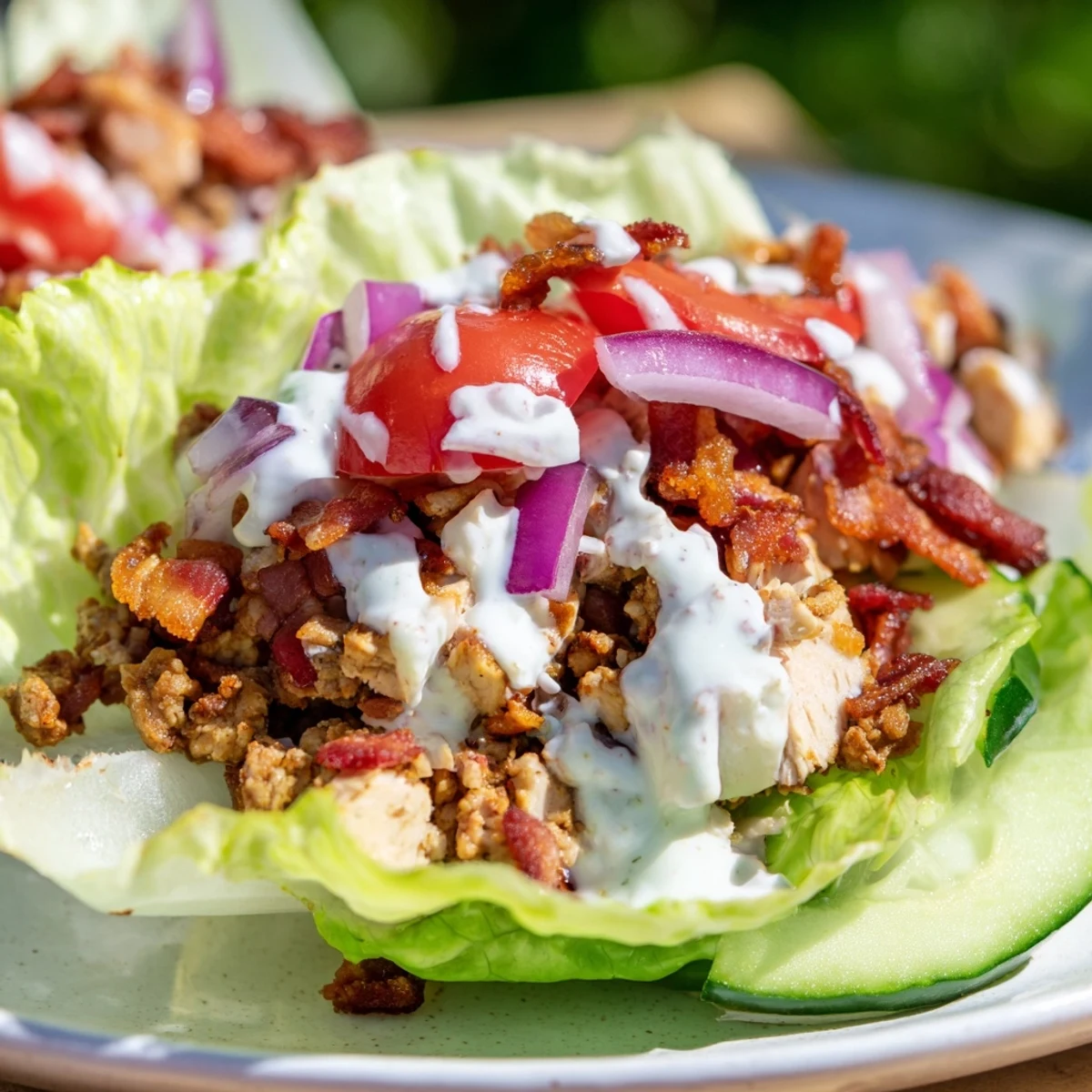 Hearty low-carb lettuce wraps loaded with three proteins and colorful vegetables drizzled with creamy dressing