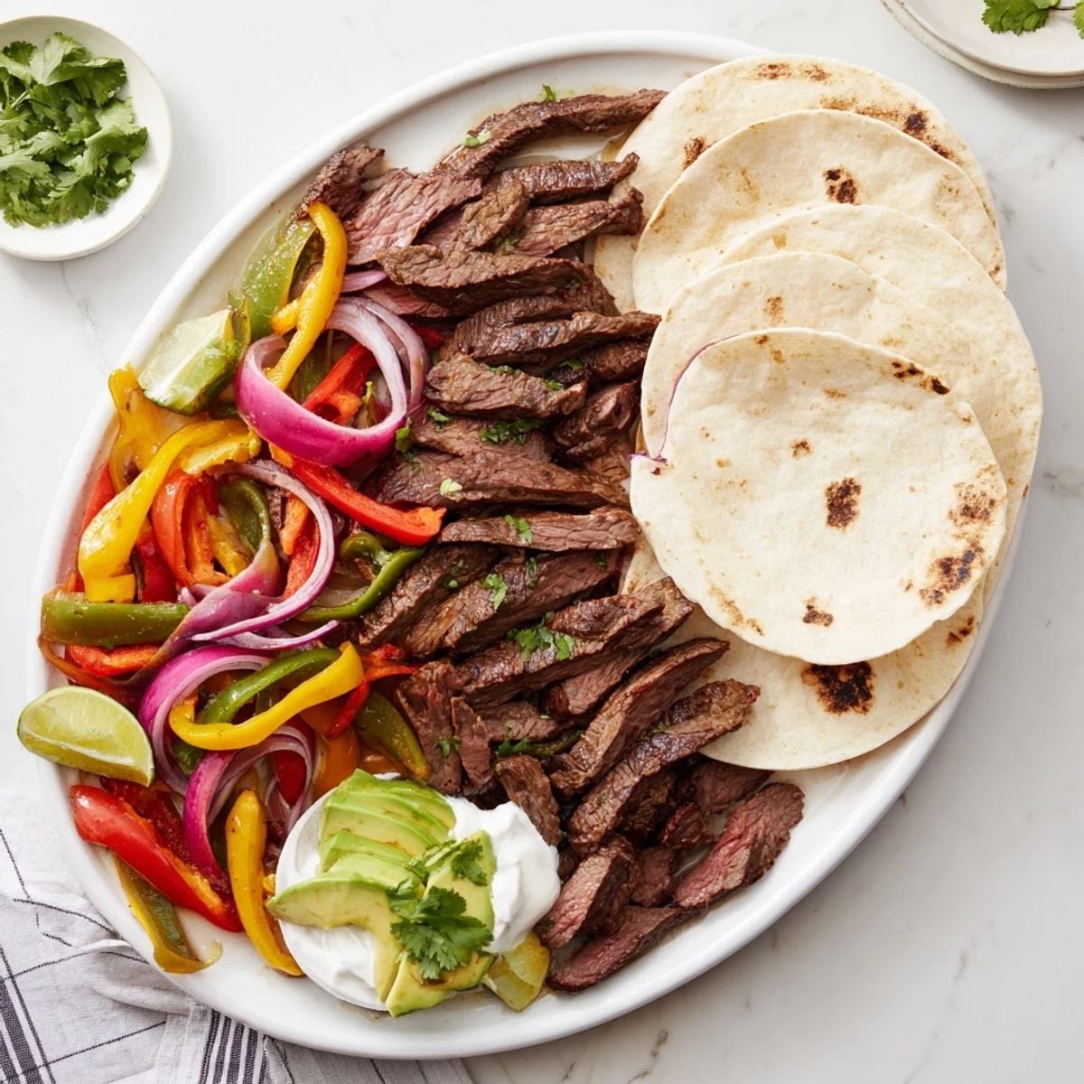 Sizzling grilled steak fajita platter featuring juicy sliced steak with colorful sautéed peppers and onions