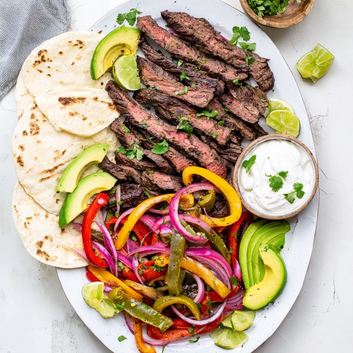 Vibrant Tex-Mex grilled steak fajita platter piled high with tender marinated steak strips and charred vegetables