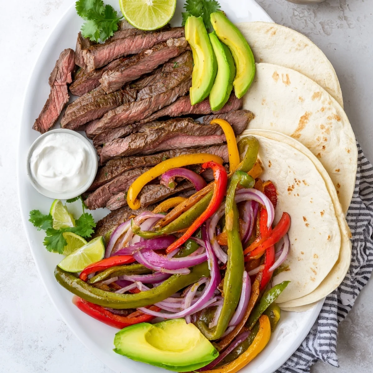 Delicious grilled steak fajita platter arranged with warm tortillas fresh avocado and zesty lime wedges