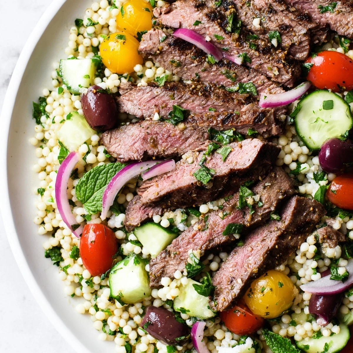 Colorful grilled skirt steak couscous salad featuring juicy tomatoes and crisp cucumber on a white serving platter