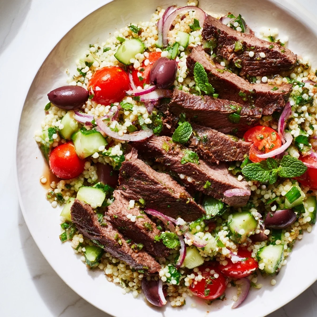 Sliced smoky grilled skirt steak arranged over Mediterranean couscous salad with fresh herbs and zesty lemon dressing