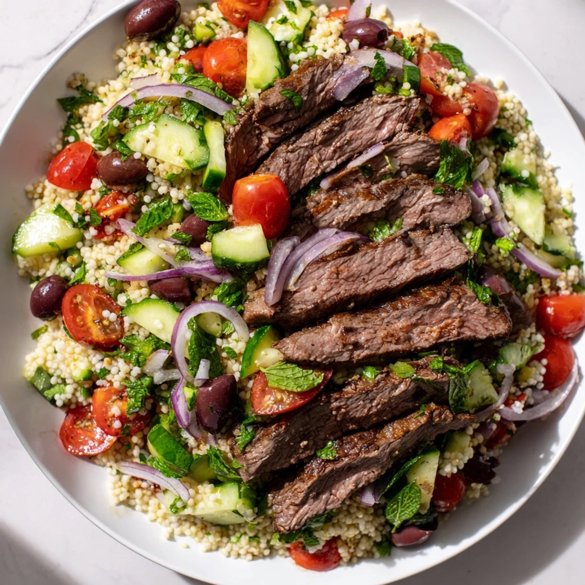 Hearty grilled skirt steak couscous salad bowl topped with red onion Kalamata olives and vibrant green parsley