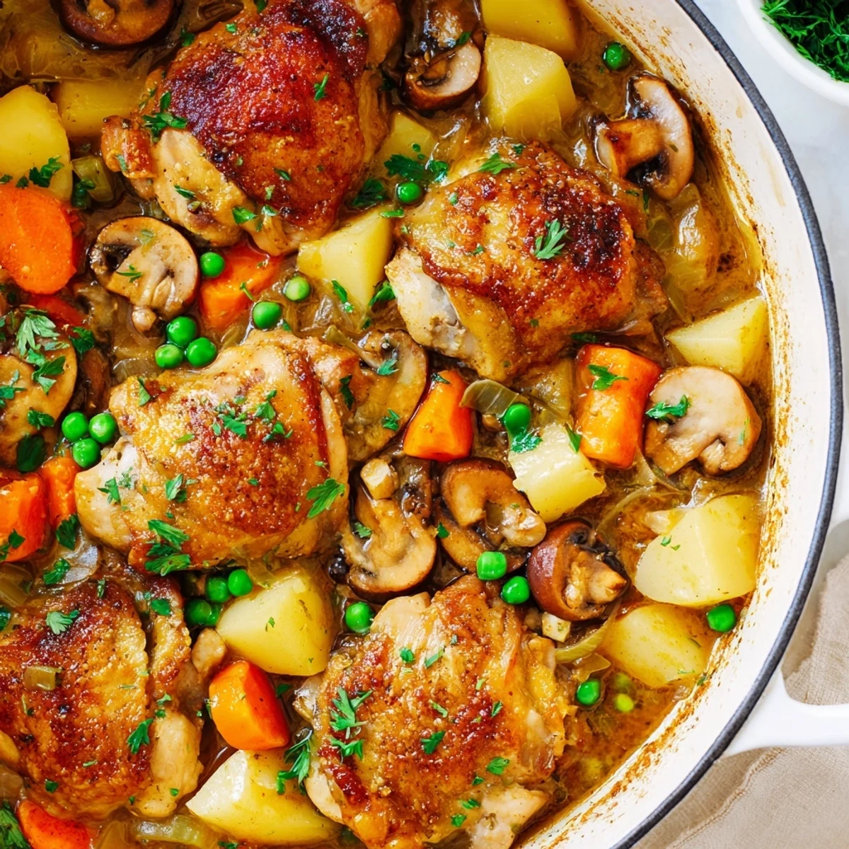 Golden brown French chicken casserole bubbling in a Dutch oven with tender vegetables and fresh parsley garnish