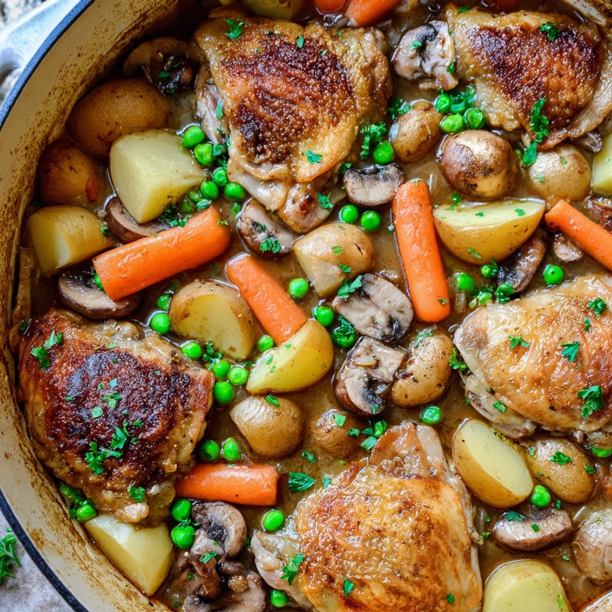 Comforting French chicken casserole served hot with creamy sauce peas and root vegetables on a white dinner plate