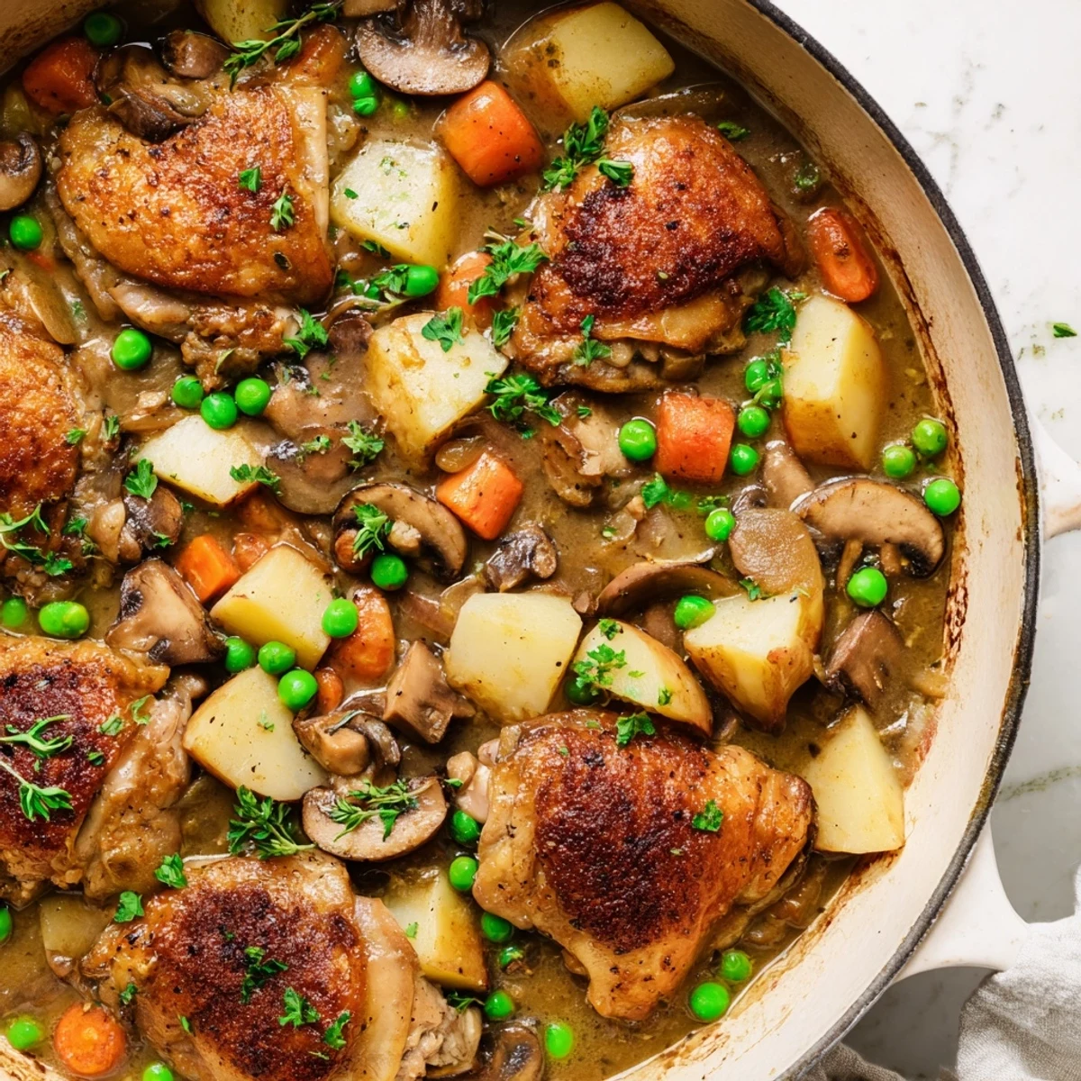 Rustic French chicken casserole featuring crispy skinned thighs nestled with carrots potatoes and mushrooms in rich wine sauce