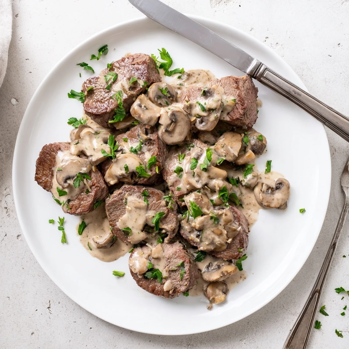 Sliced melt-in-your-mouth beef tenderloin plated with rich velvety mushroom cream sauce
