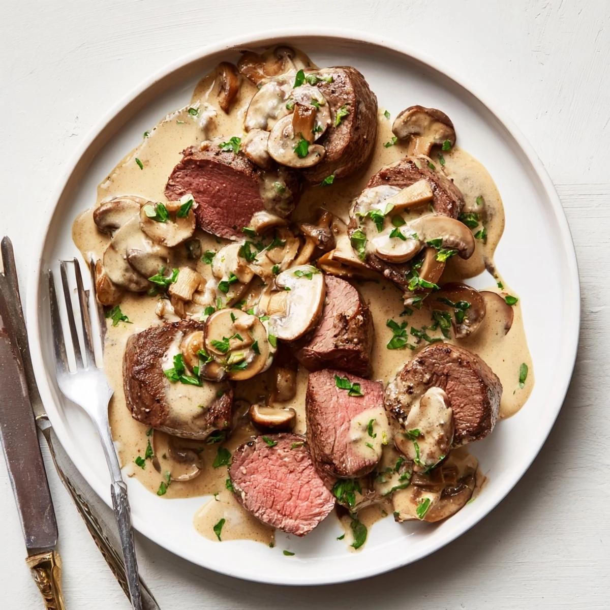 Juicy beef tenderloin roast topped with creamy white mushroom sauce and fresh parsley