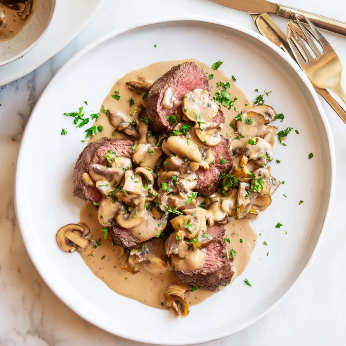 Golden seared beef tenderloin served swimming in a luxurious homemade cream mushroom sauce
