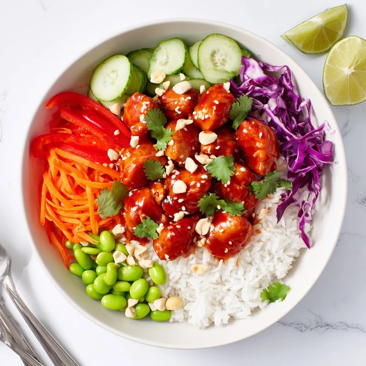 Colorful Thai sweet chili chicken Buddha bowls with crisp vegetables over fluffy jasmine rice