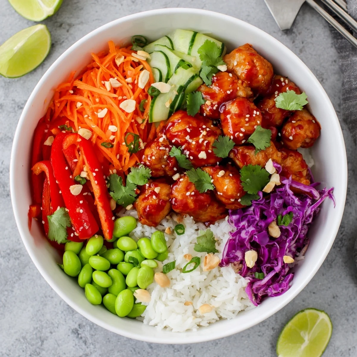 Golden glazed chicken pieces atop vibrant Thai sweet chili chicken Buddha bowls with fresh garnishes