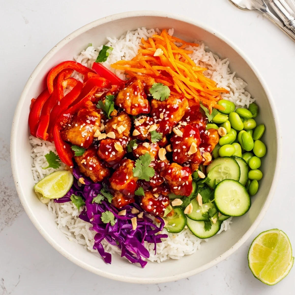 Serving of Thai sweet chili chicken Buddha bowls featuring tender meat crunchy veggies lime dressing