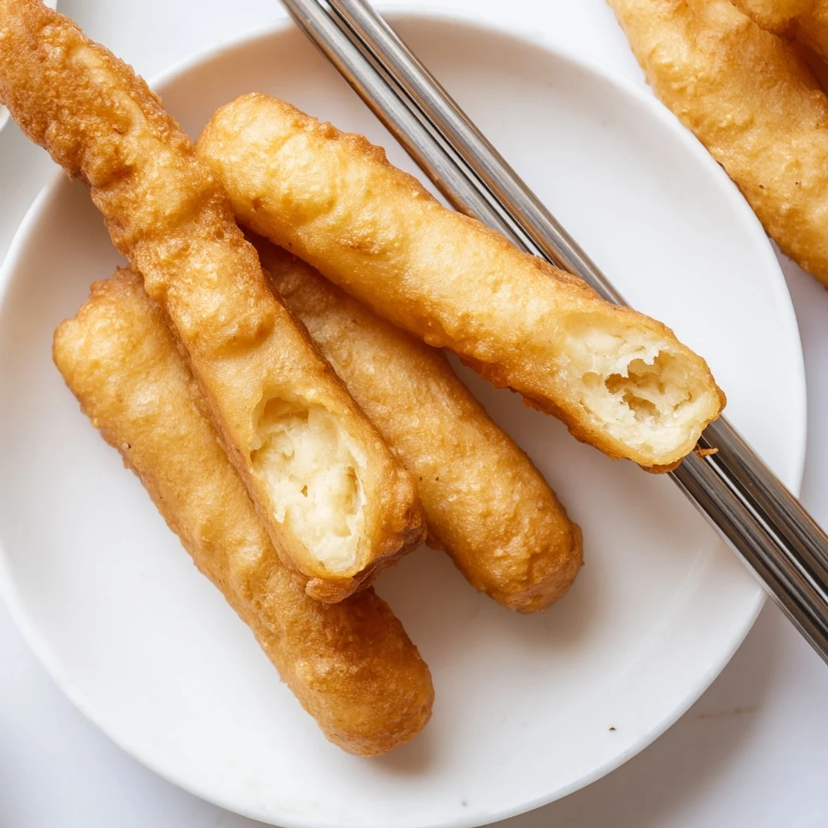 Golden deep-fried Youtiao Chinese breakfast doughnuts with a hollow light and airy interior texture