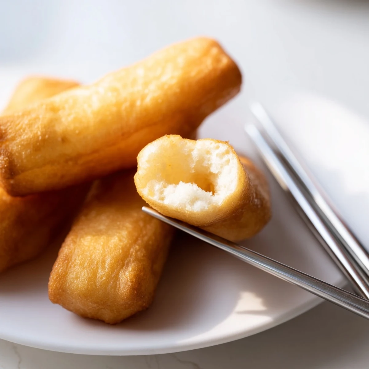 Pair of crispy fried Youtiao sticks resting on wire rack after being deep-fried to golden perfection