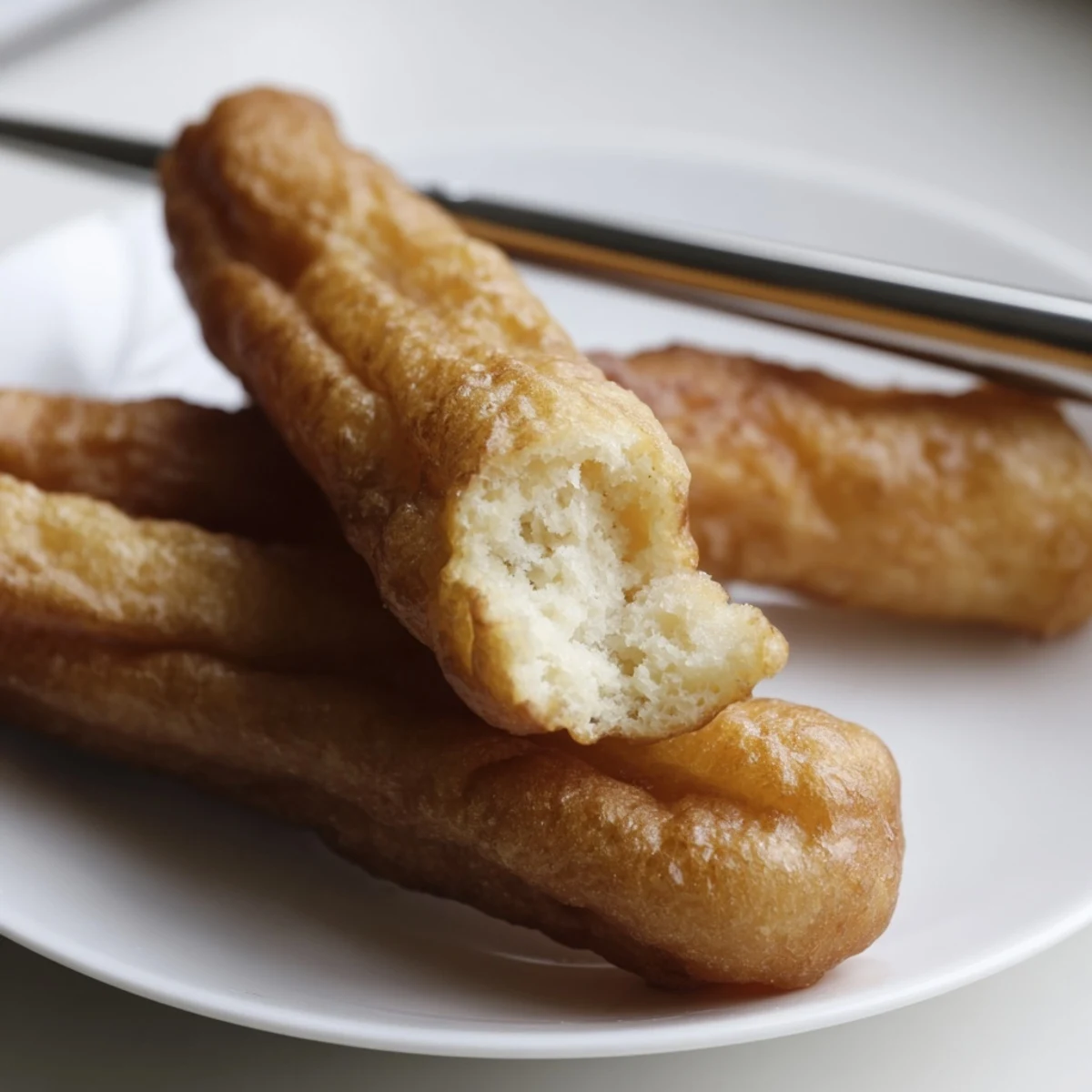 Traditional Youtiao bread sticks being lifted from hot oil showing puffy golden brown crust