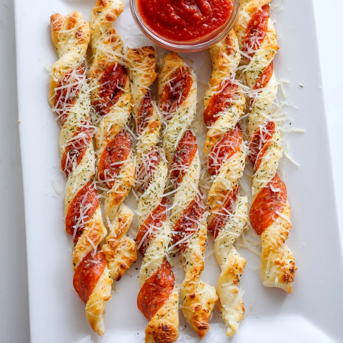 Twisted breadstick dough shaped like candy canes with garlicky butter and bubbly cheese, ready for holiday dipping