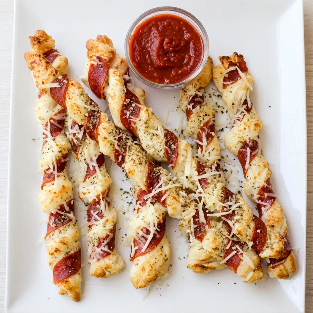 Golden festive candy cane pizza breadsticks topped with melted mozzarella and pepperoni stripes on white plate
