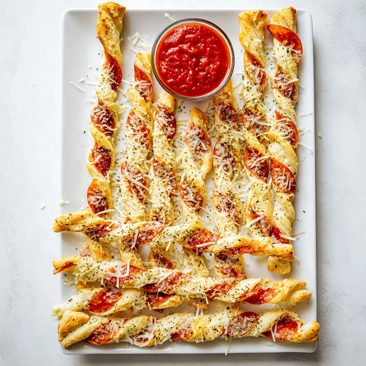 Soft holiday pizza breadsticks curved into candy cane shapes with red pepperoni and cheese, served with marinara