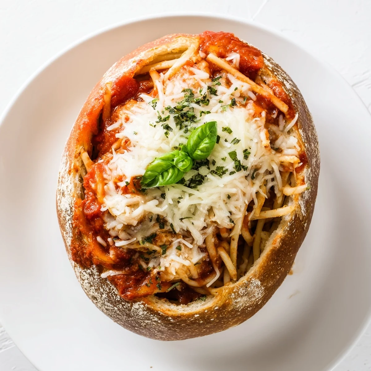 Golden crispy garlic bread bowls overflowing with spaghetti and red marinara sauce