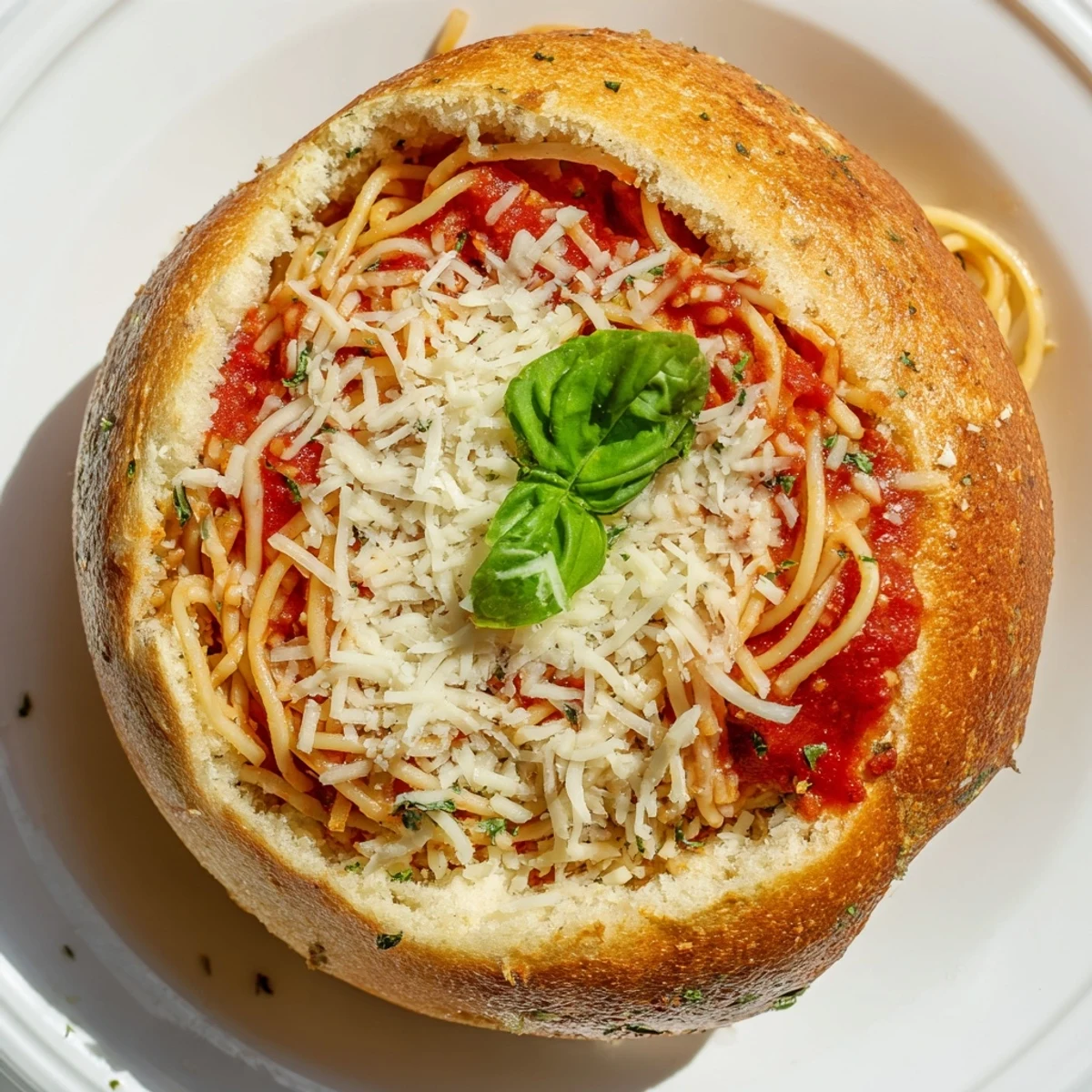 Homemade garlic bread bowls filled with cheesy pasta and fresh basil garnish