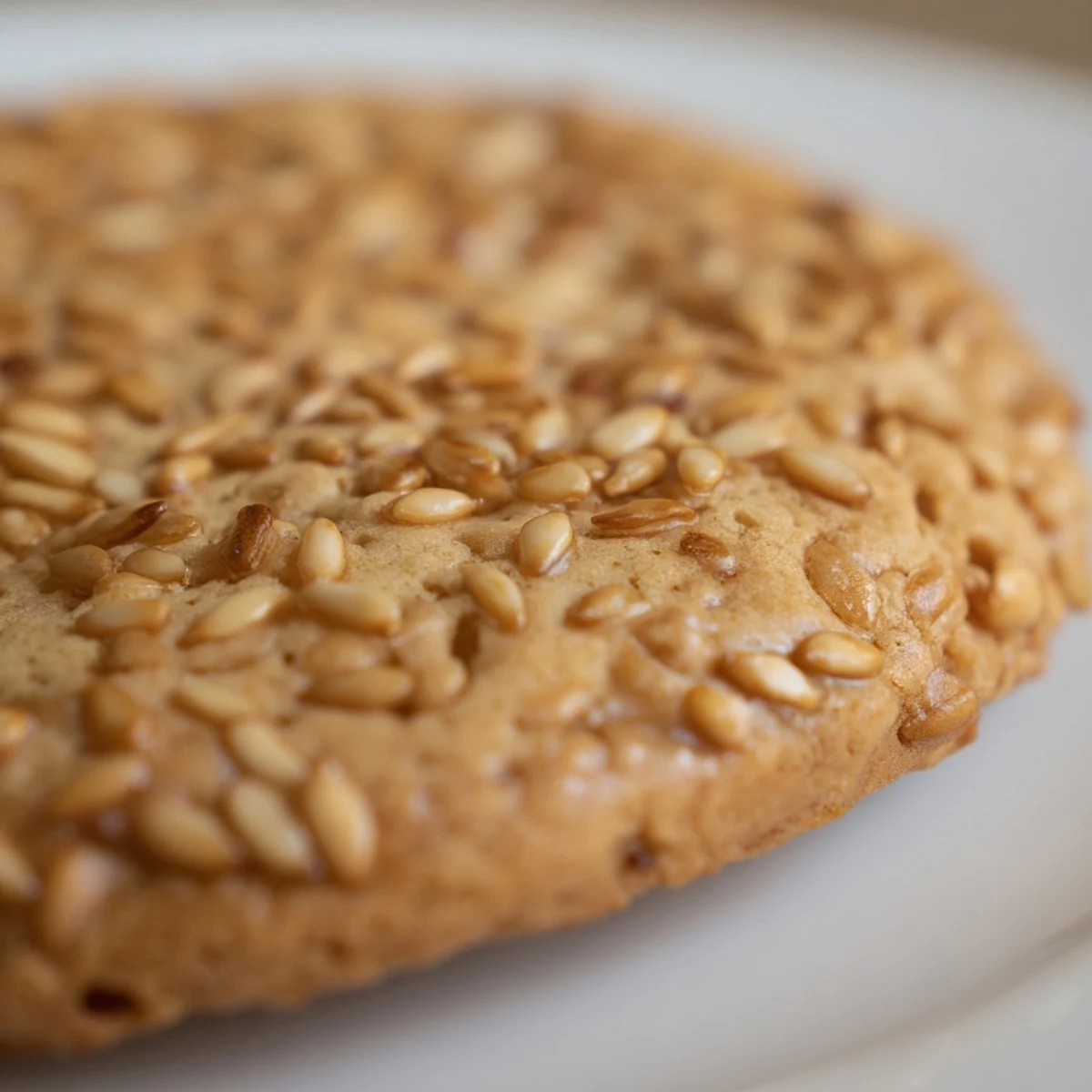 Golden brown easy chewy sesame honey cookies with toasted seeds on a white plate