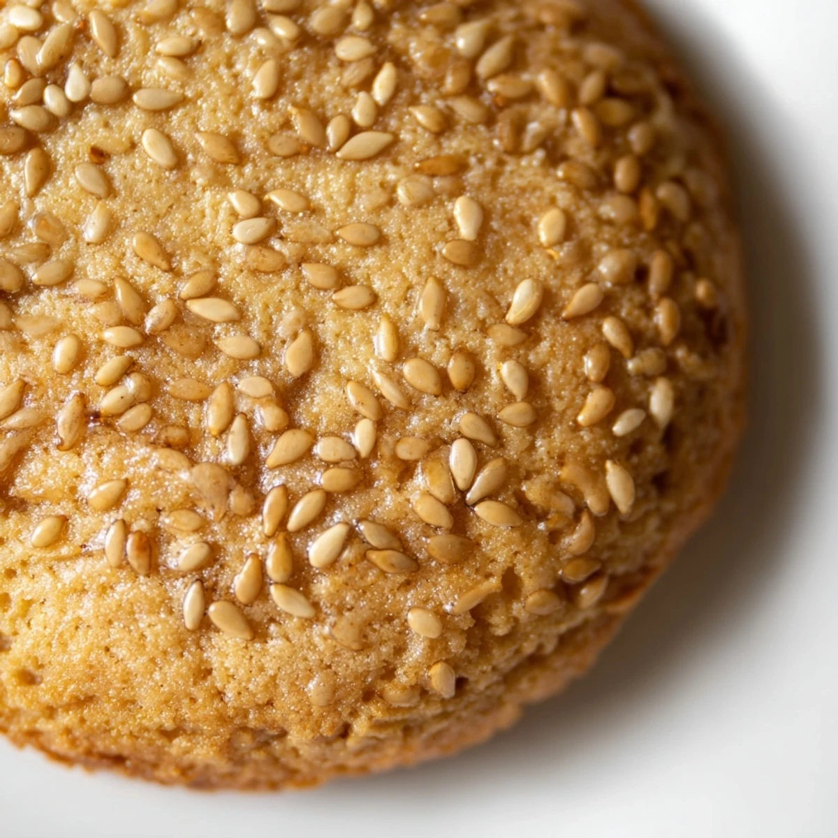 Soft easy chewy sesame honey cookies stacked showing their textured sesame seed coating