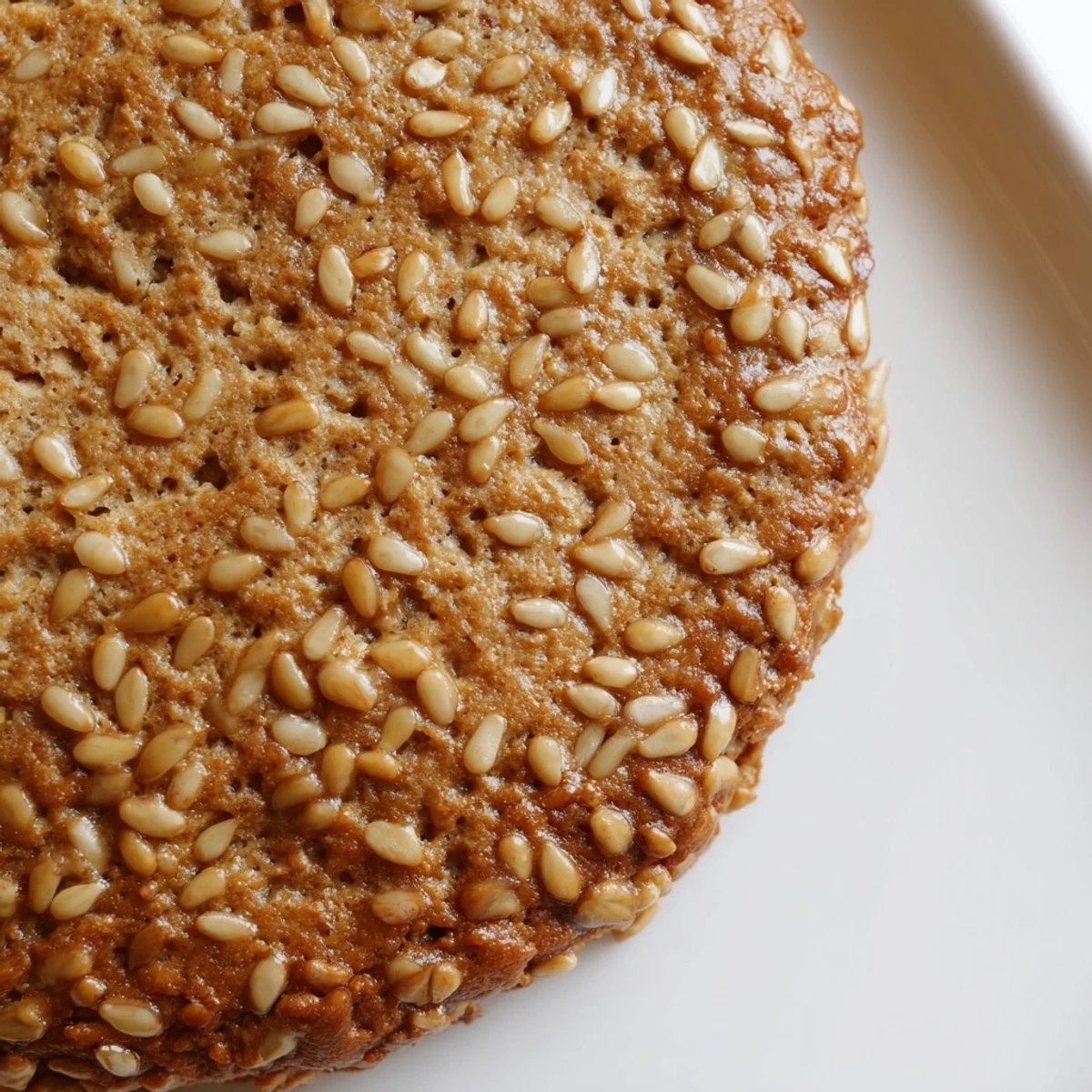 Close-up of easy chewy sesame honey cookies with golden edges and nutty sesame topping