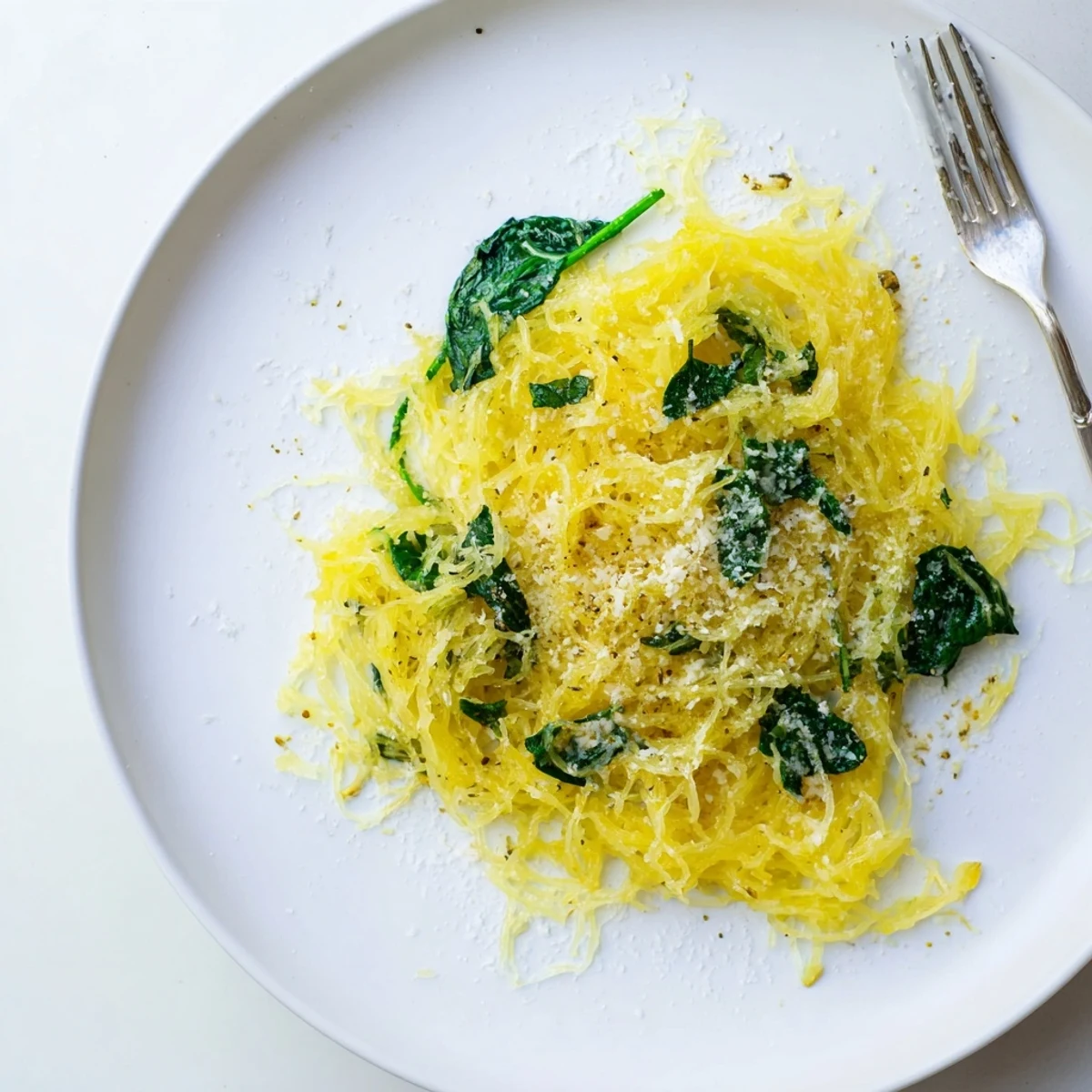 Creamy Boursin spaghetti squash with melted herb cheese and wilted spinach in a white bowl