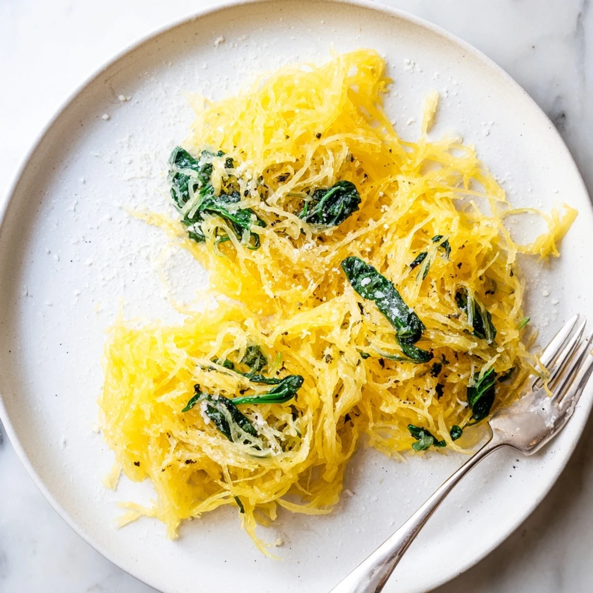Golden roasted spaghetti squash bowl with creamy herb Boursin cheese and green spinach garnish