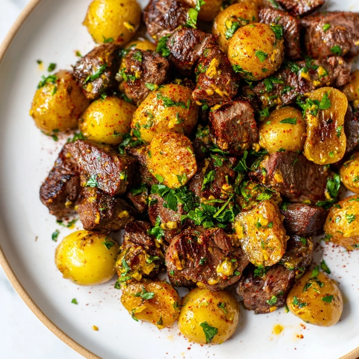 Golden steak bites and baby potatoes nestled in rich garlic butter sauce