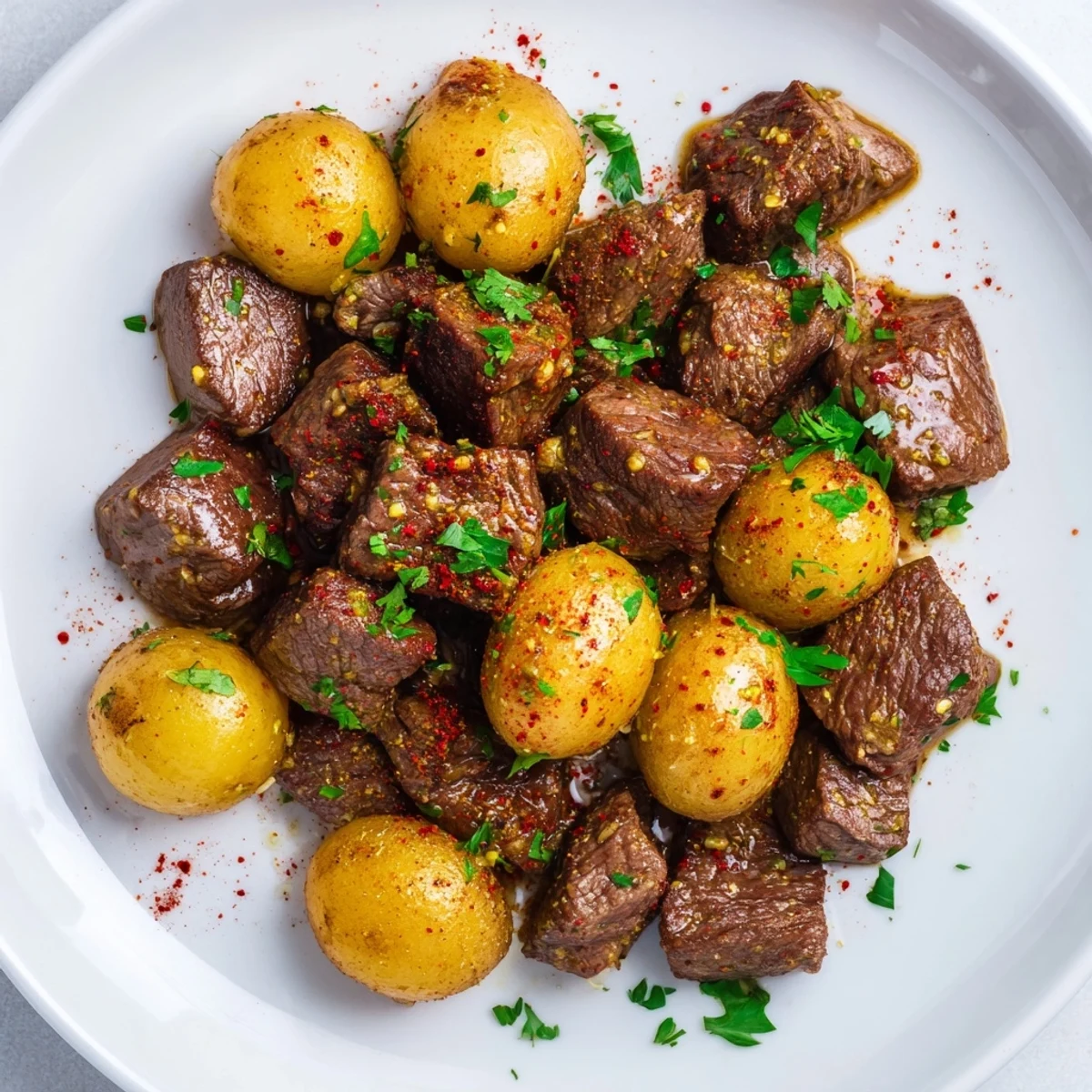 Tender slow cooker garlic butter steak bites with potatoes garnished with fresh parsley