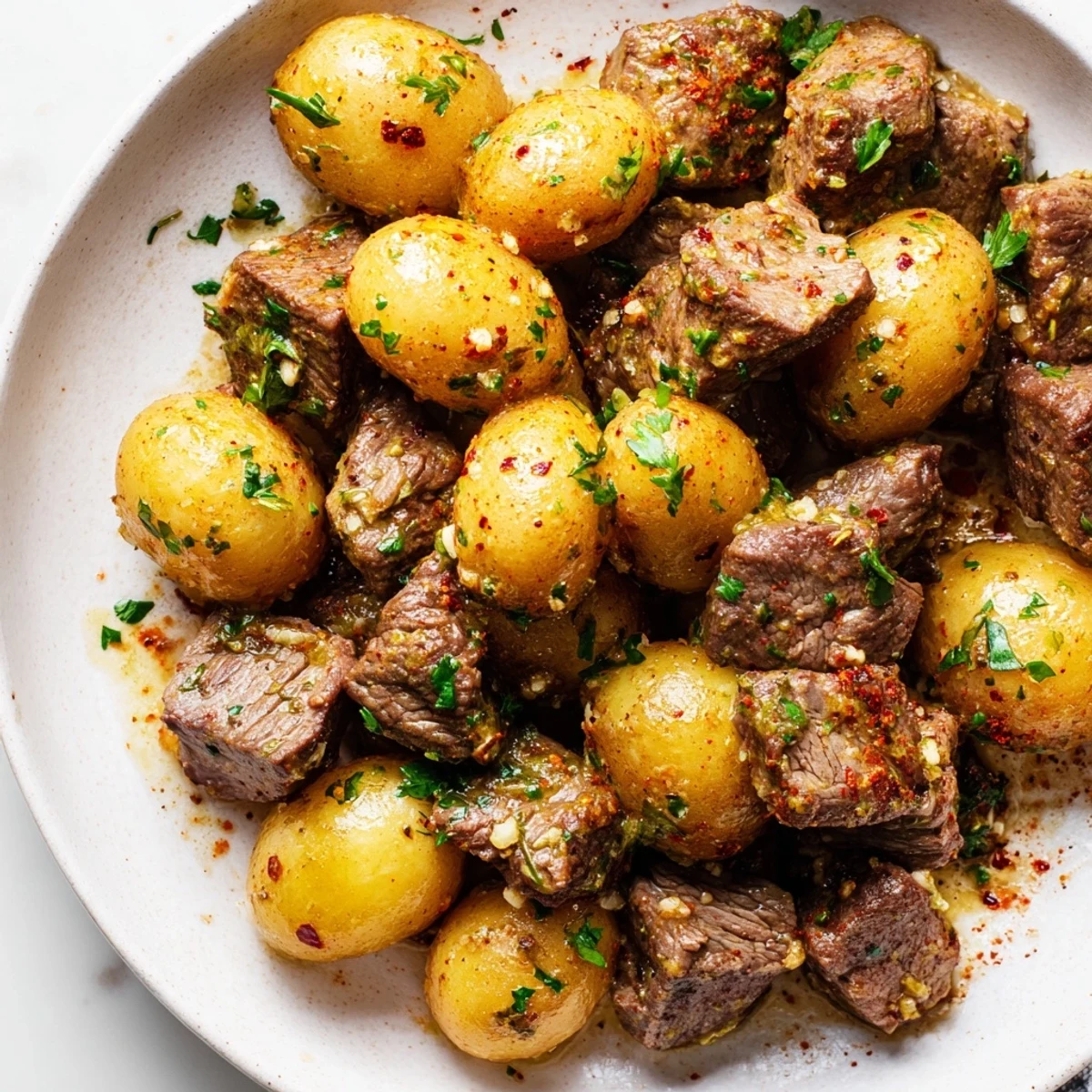 Heaping bowl of garlic butter steak bites alongside perfectly cooked baby potatoes