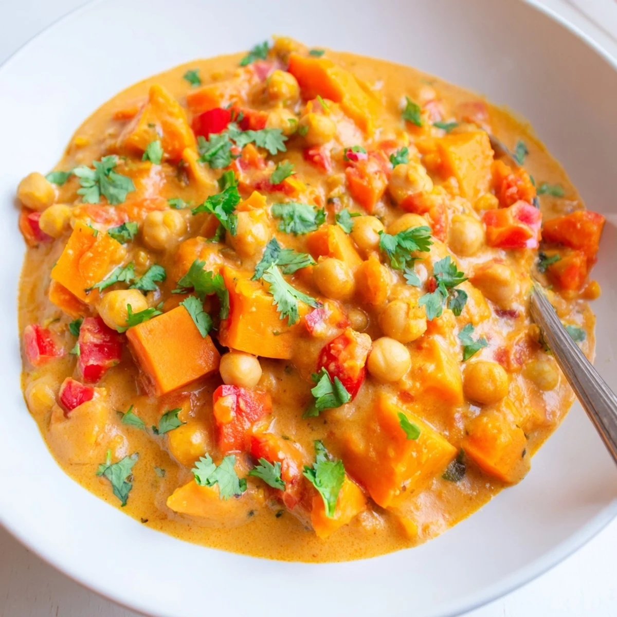 Creamy chickpea and sweet potato curry garnished with fresh cilantro and served over fluffy basmati rice