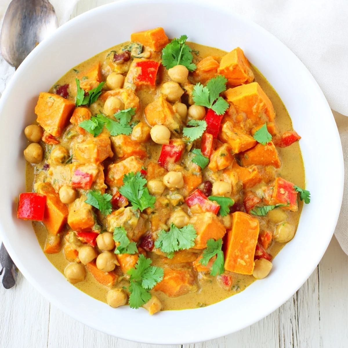 Golden chickpea and sweet potato curry bubbling in a pot with vibrant red peppers and aromatic spices