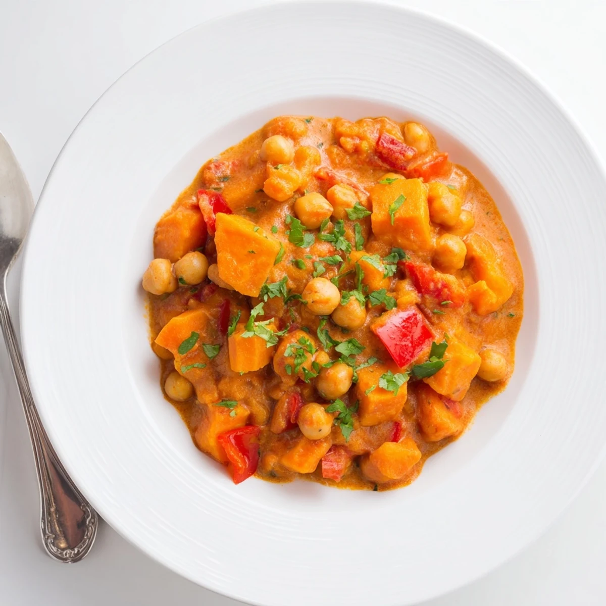 Hearty chickpea and sweet potato curry in a coconut-tomato sauce, topped with lime wedges and green herbs