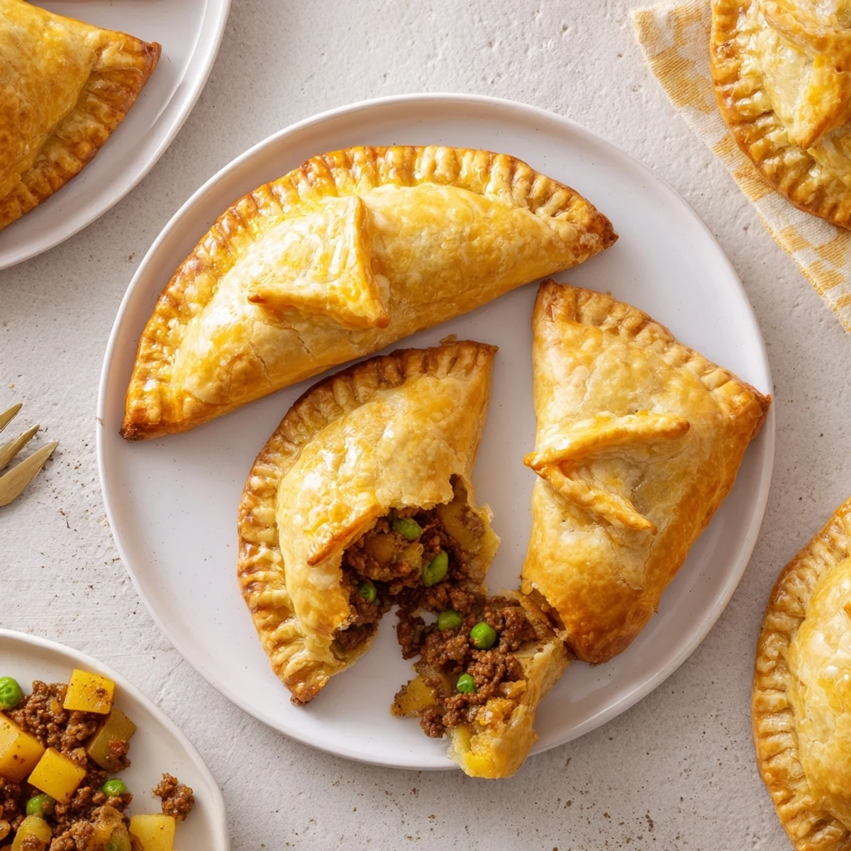 Curry puffs with beef cut open revealing curried meat potato and pea filling