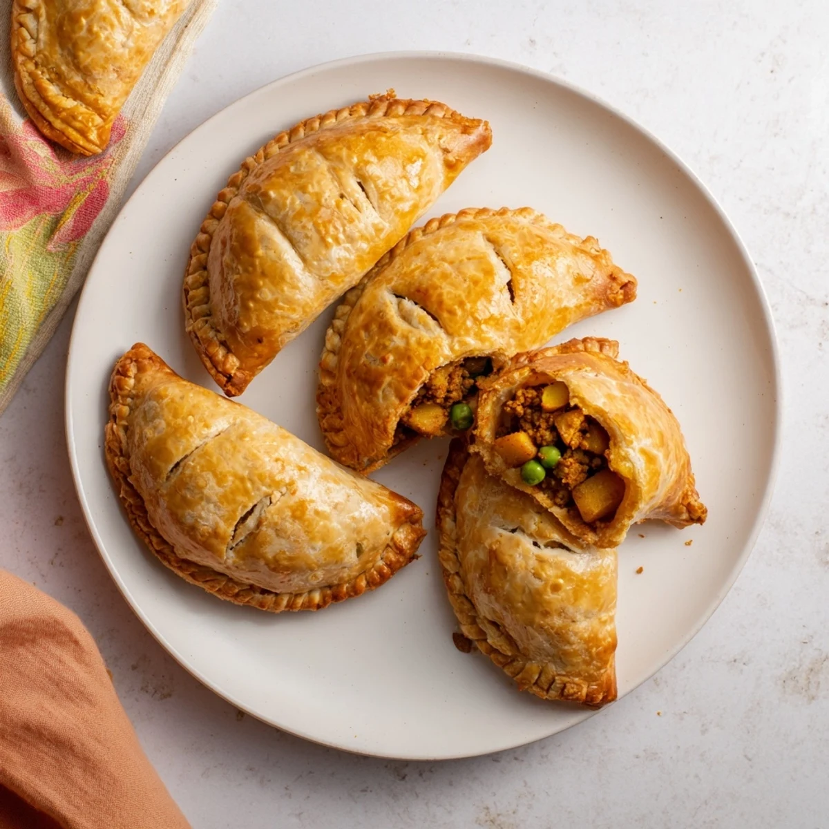 Handheld curry puffs with beef arranged on serving board with golden crusts