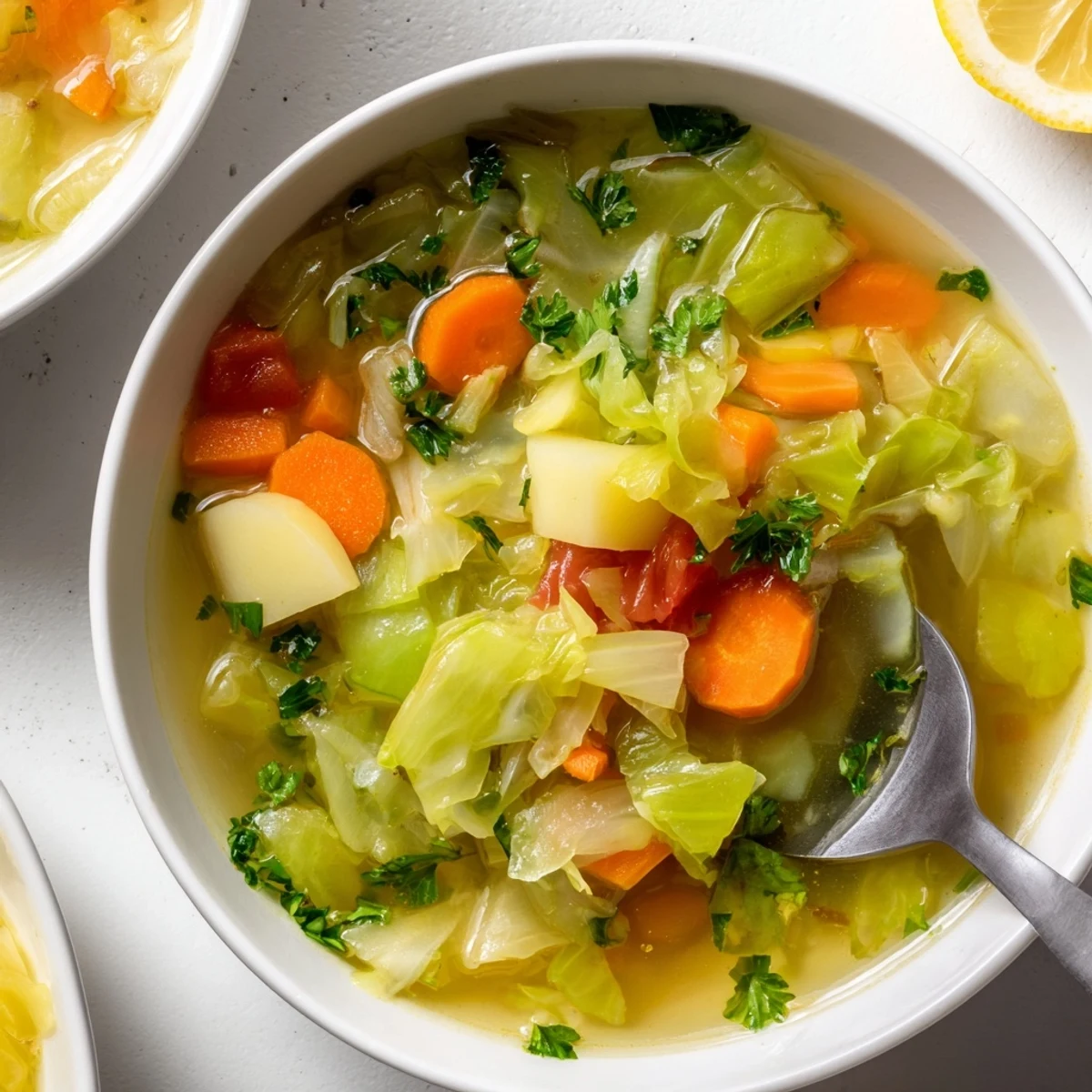 Steaming bowl of hearty cabbage soup filled with tender vegetables and fragrant herbs