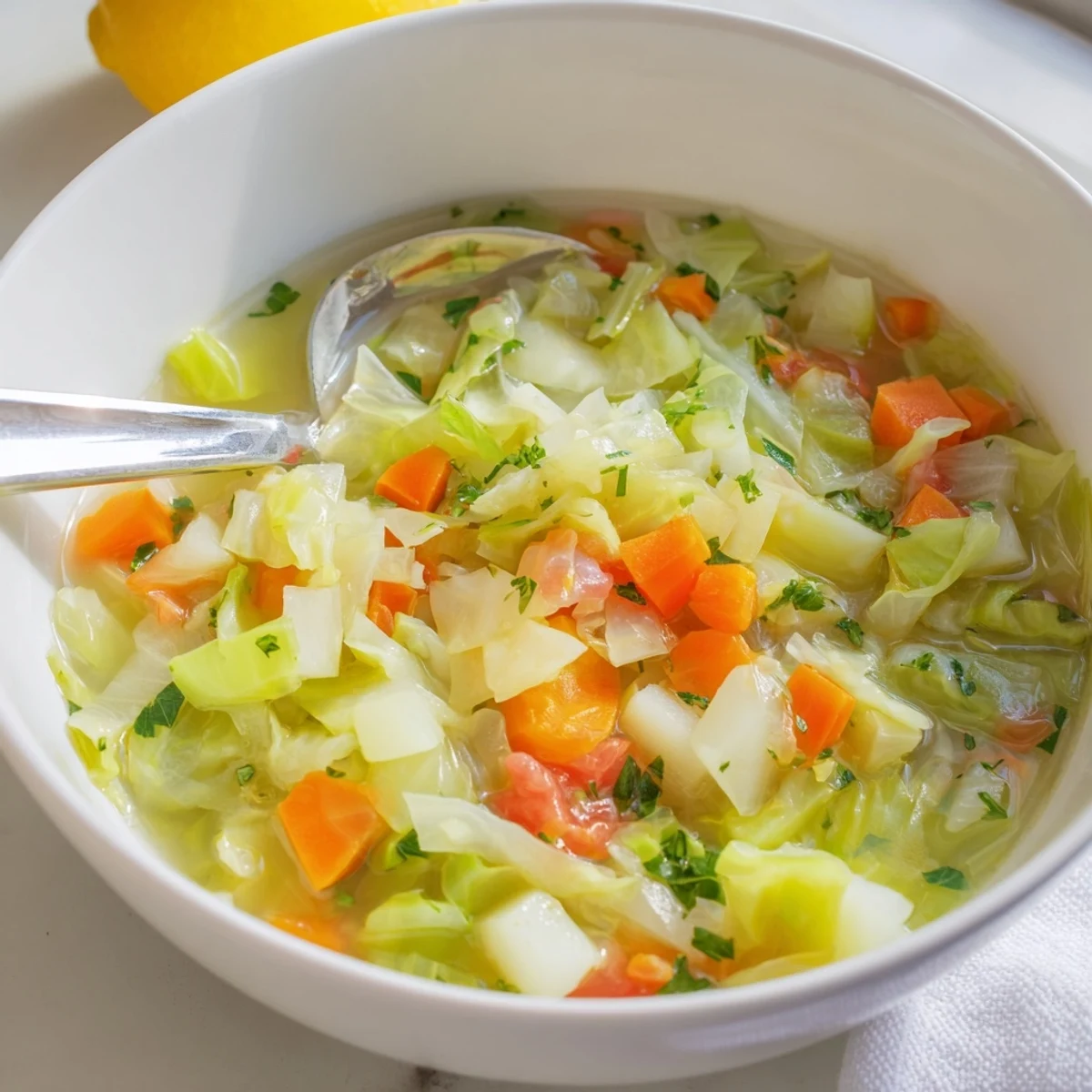 Vibrant green cabbage soup simmered with carrots, celery, and tomatoes in rich vegetable broth