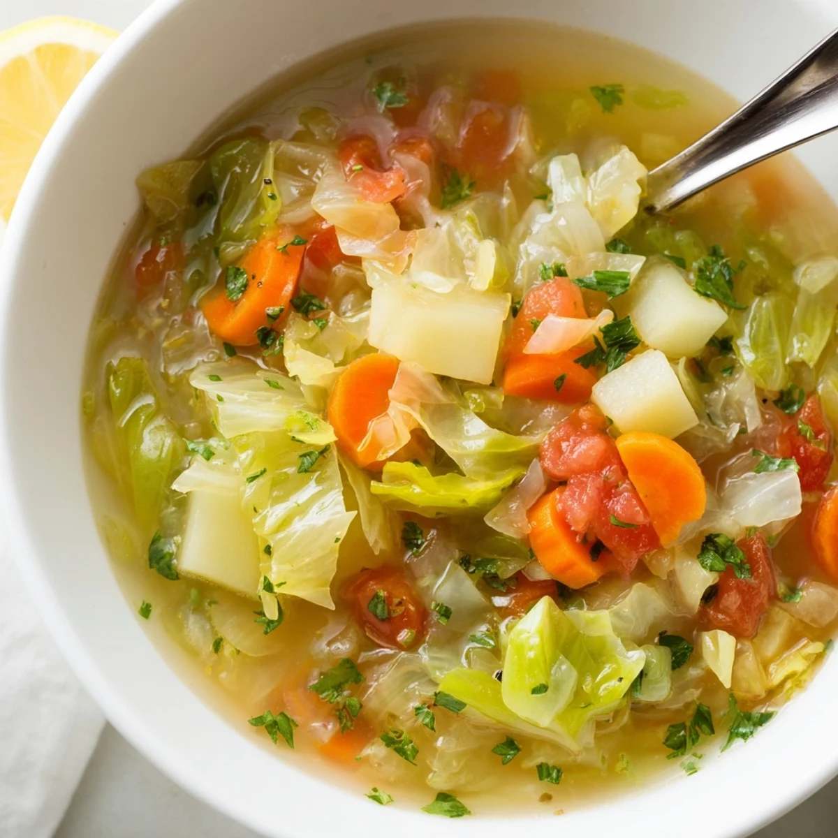 Comforting cabbage soup garnished with fresh parsley, ready to serve with crusty bread