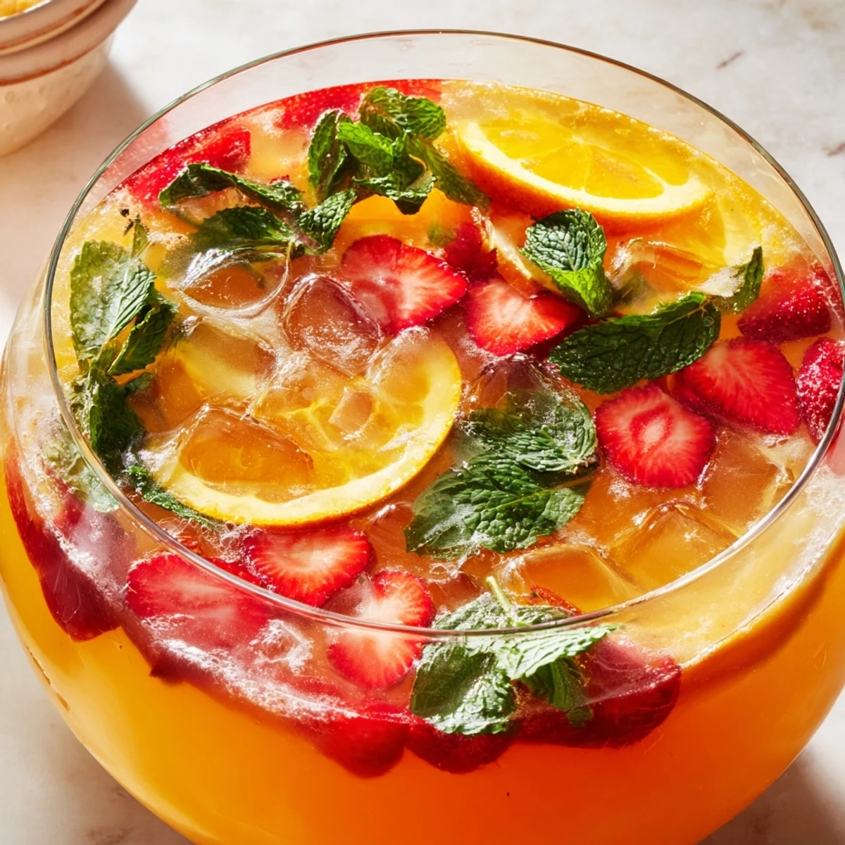 Festive Easter Punch with floating orange slices, fresh strawberries, and mint leaves in a glass punch bowl