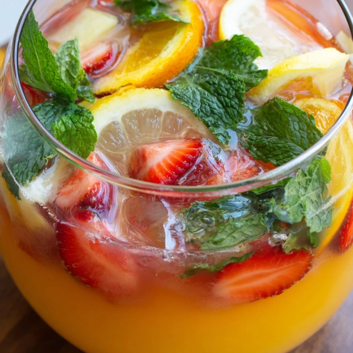 Non-alcoholic Easter Punch in a crystal bowl topped with lemon slices, berries, and green mint