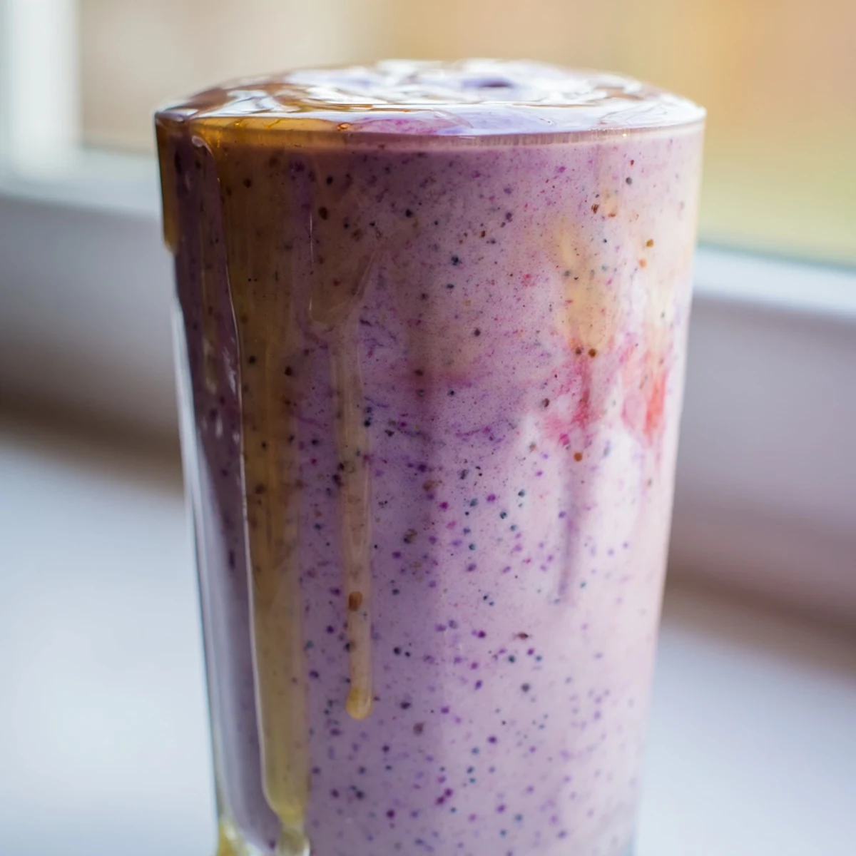 Thick purple Greek yogurt breakfast smoothie topped with fresh berries in a glass