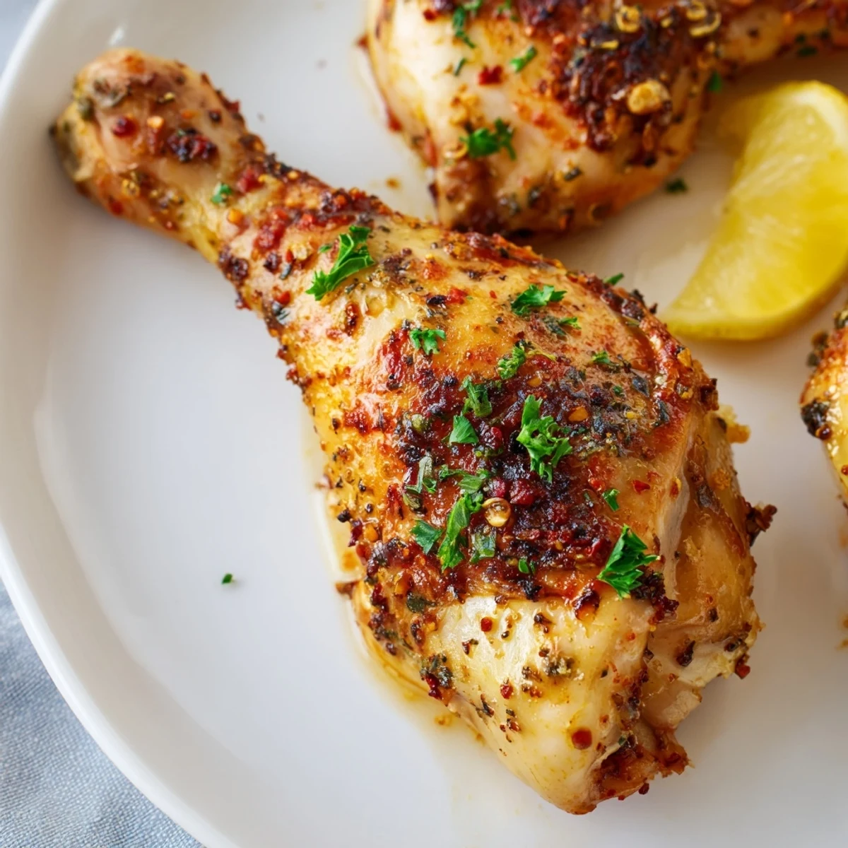 Tender juicy buttermilk roasted chicken garnished with fresh parsley and lemon wedges