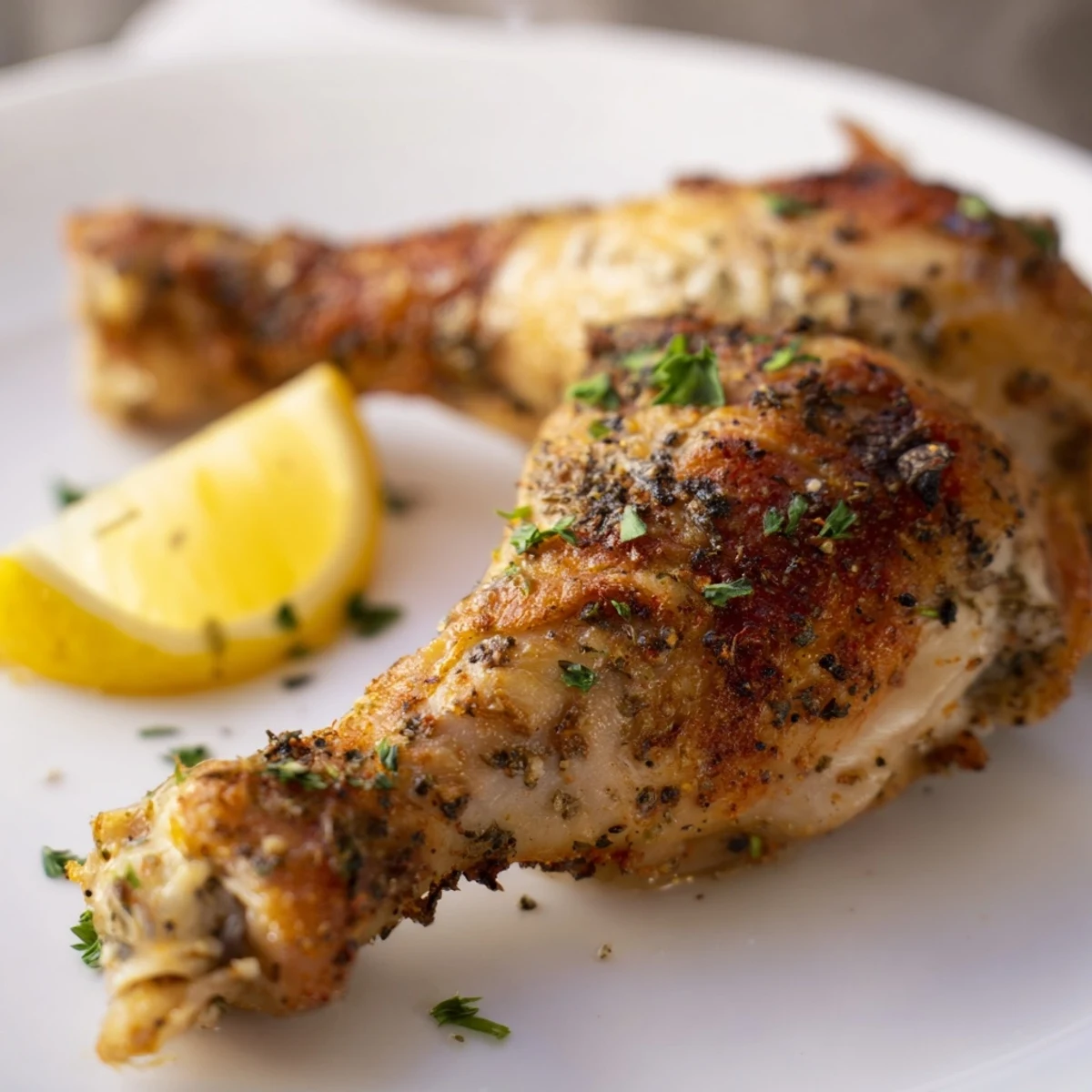 Oven roasted chicken with golden crispy skin after marinating in tangy buttermilk herbs